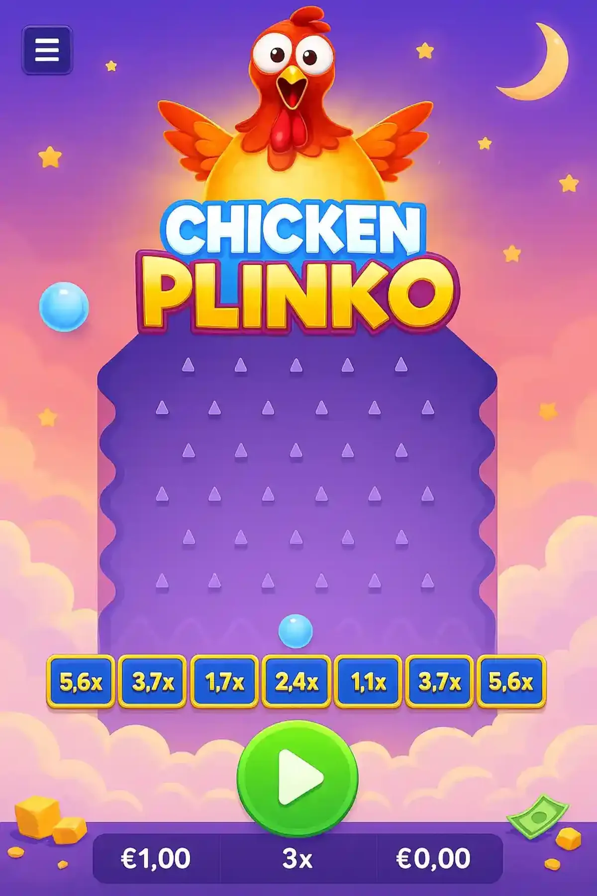 Chicken Plinko game interface showing plinko board with multipliers ranging from one comma seven to five comma six times