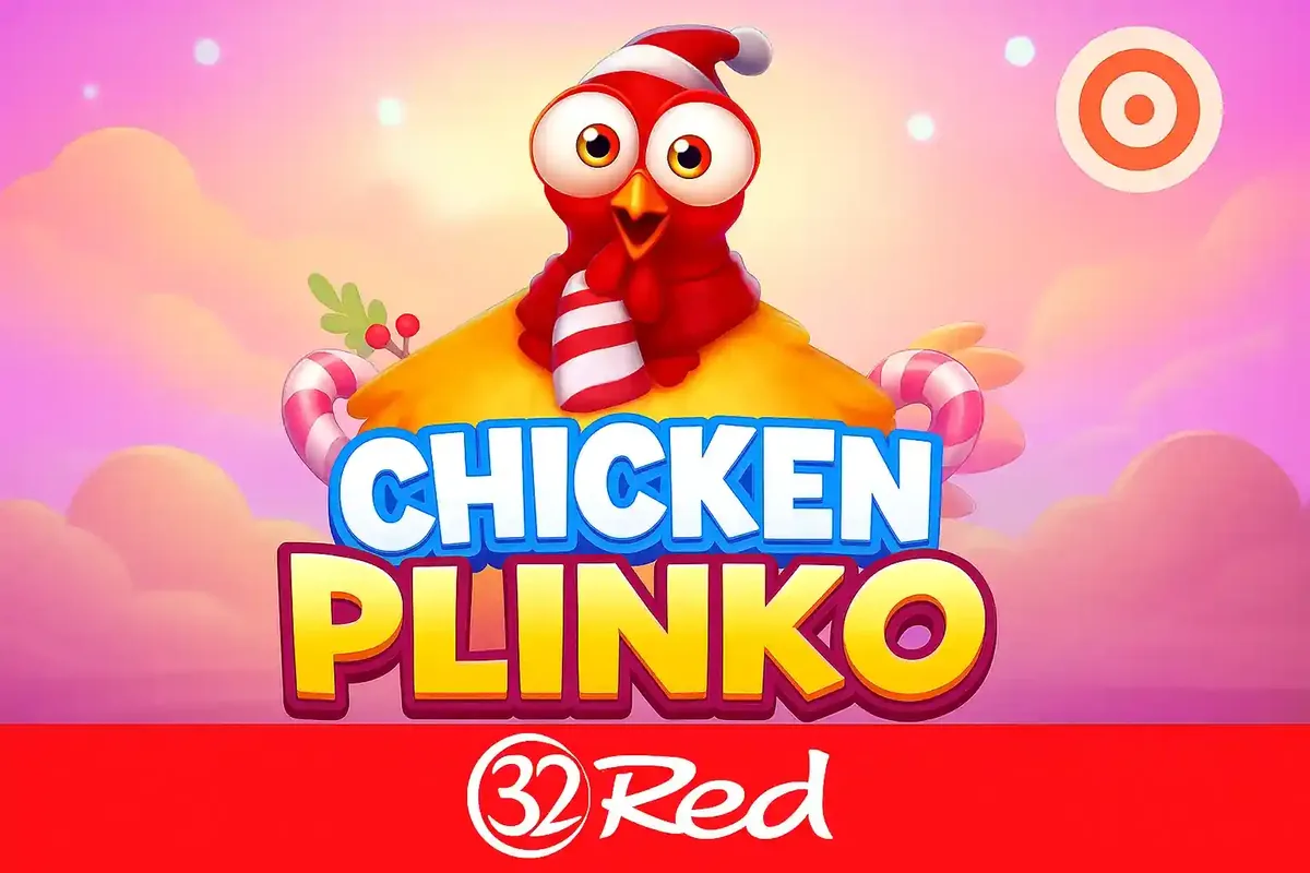 Chicken Plinko game featuring cheerful red chicken with santa hat on golden egg and 32Red casino logo