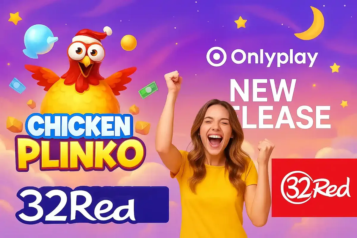 Onlyplay new release announcement for Chicken Plinko game with excited winner celebrating jackpot by 32Red casino