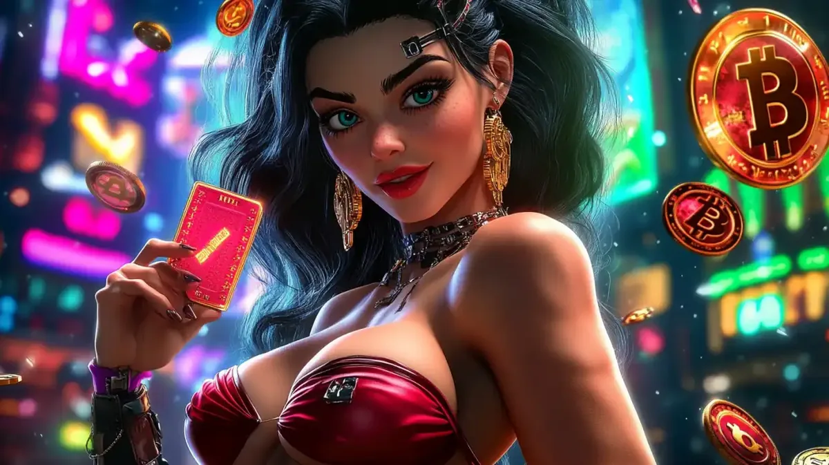 Futuristic woman with blue hair in red leather outfit holding red casino card with floating Bitcoin coins in cyberpunk setting