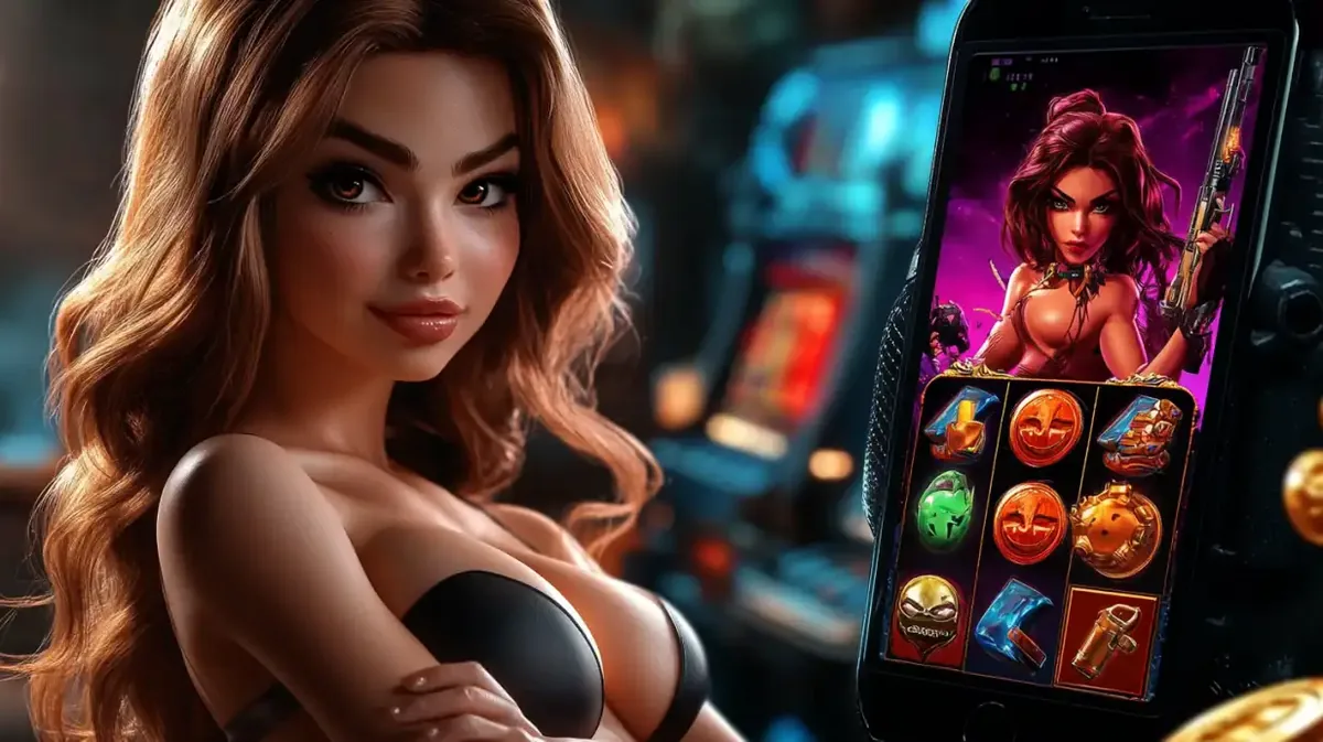 Beautiful blonde woman in black strapless top next to smartphone showing colorful slot game with action character