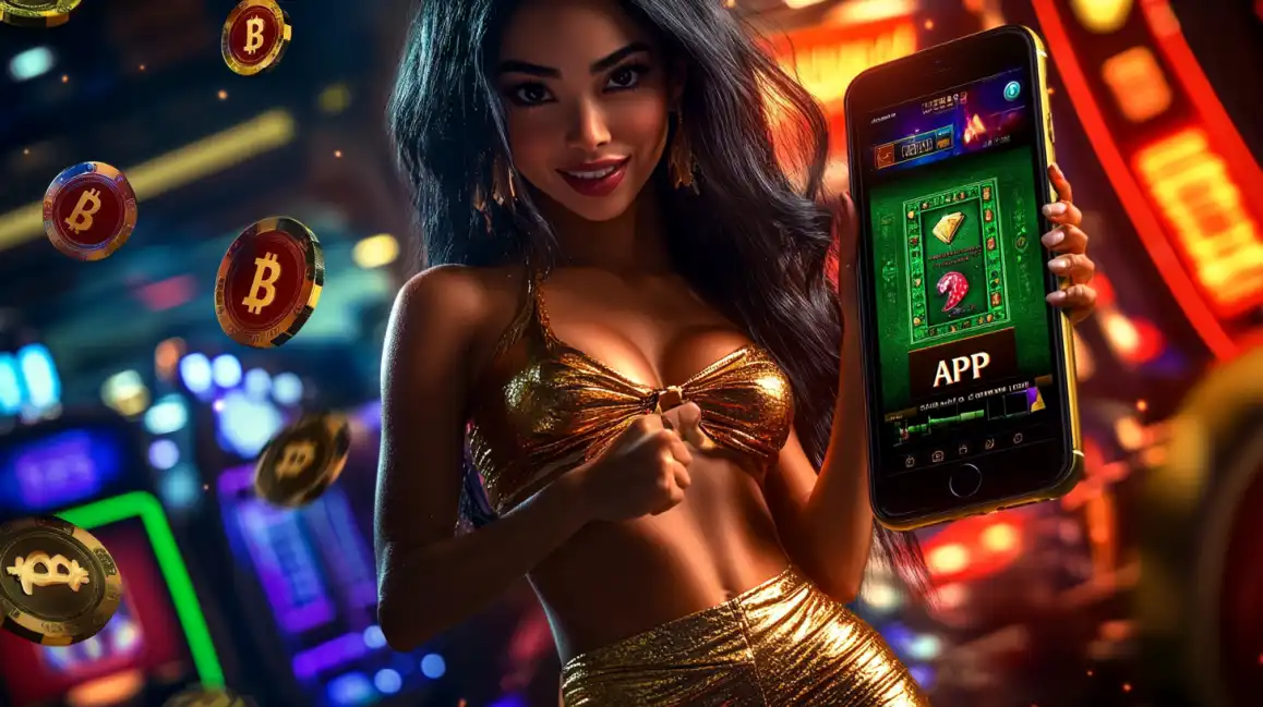 Glamorous woman in gold metallic outfit holding smartphone with casino app surrounded by floating Bitcoin coins