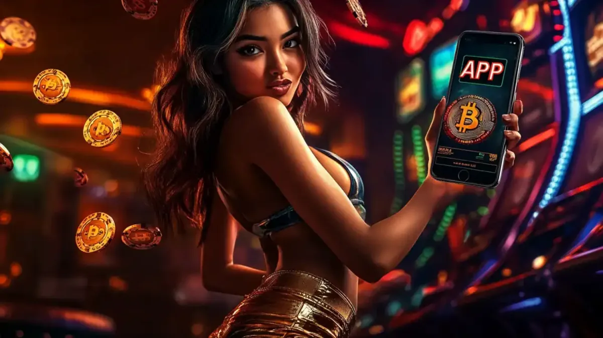 Attractive brunette woman in leather outfit holding smartphone with Bitcoin casino app surrounded by floating poker chips