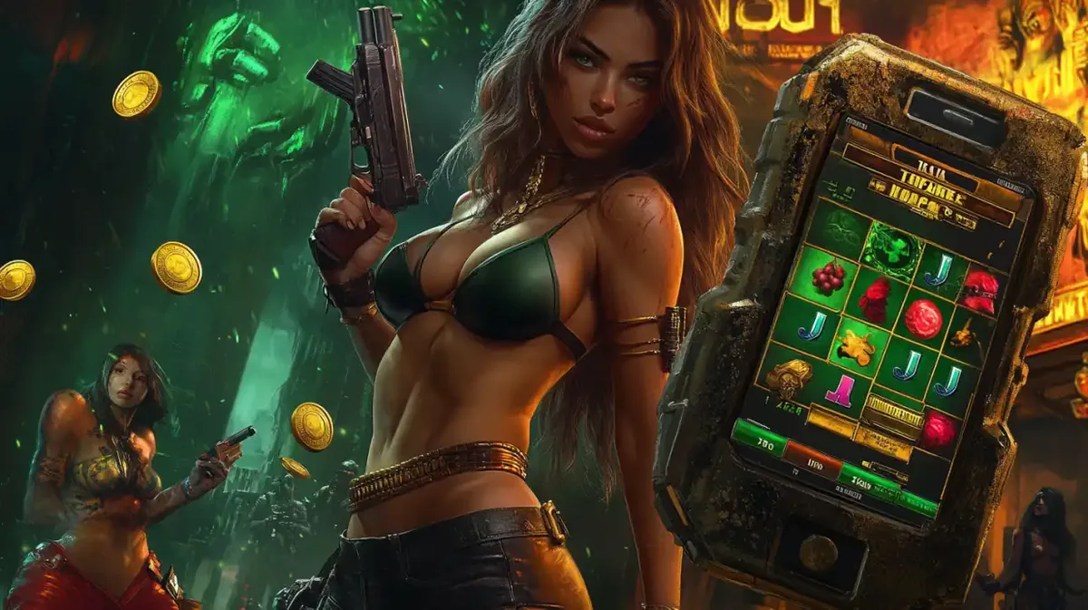 Tactical woman with weapon in post-apocalyptic setting next to glowing casino slot machine with golden coins