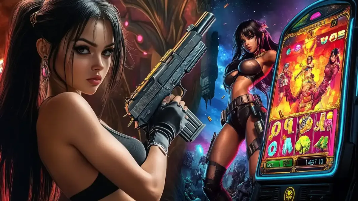 Beautiful brunette woman with tactical gear holding weapon next to colorful casino slot machine display