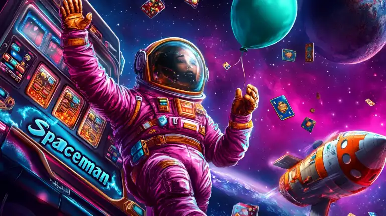 Spaceman astronaut in purple suit floating in cosmic space with casino cards and rockets around planets