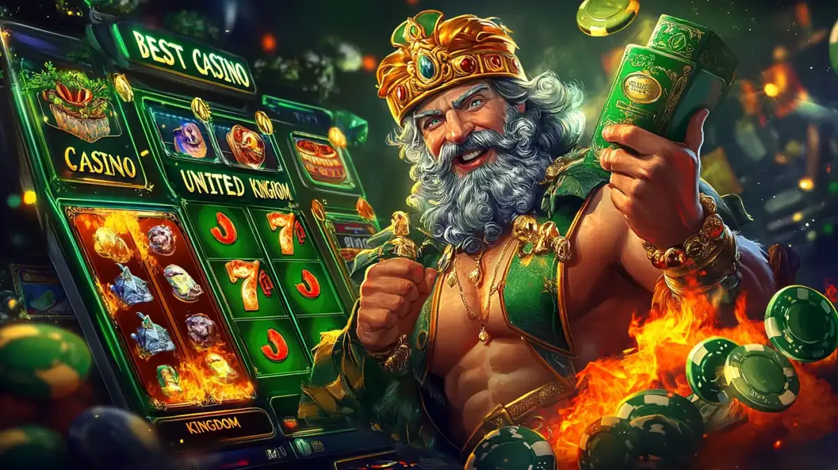 Distinguished bearded man in suit playing casino slot machine with green poker chips