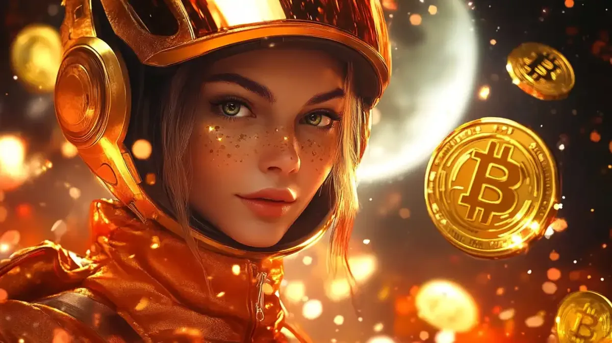 Elegant blonde woman with golden jewelry surrounded by floating Bitcoin coins in cosmic space setting