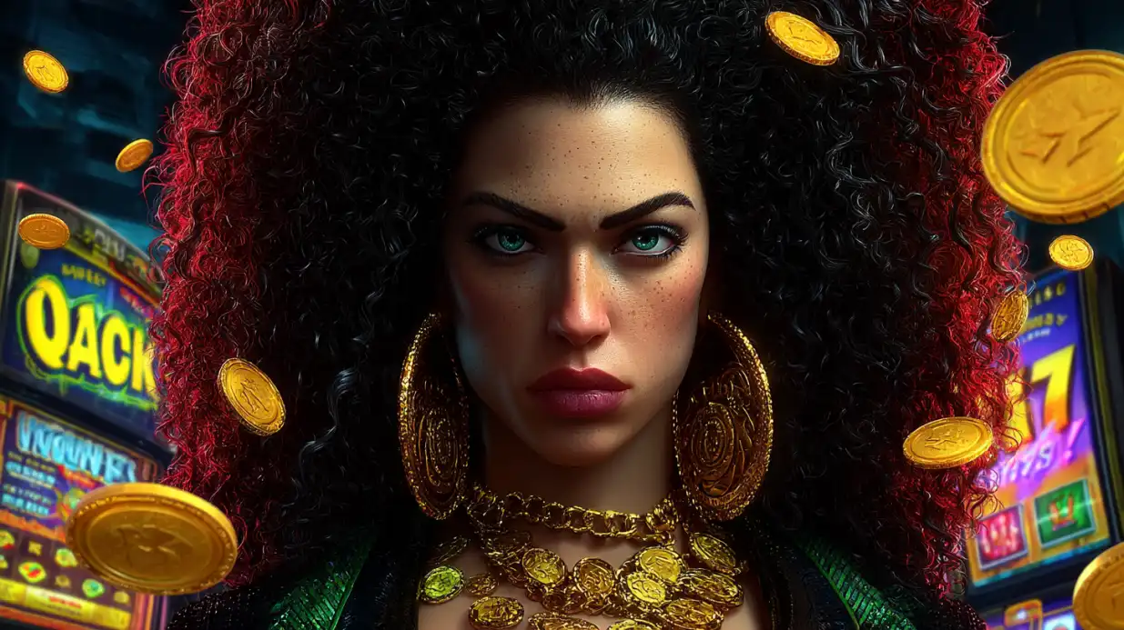 Beautiful woman with curly red-highlighted hair wearing elaborate gold jewelry surrounded by floating casino coins