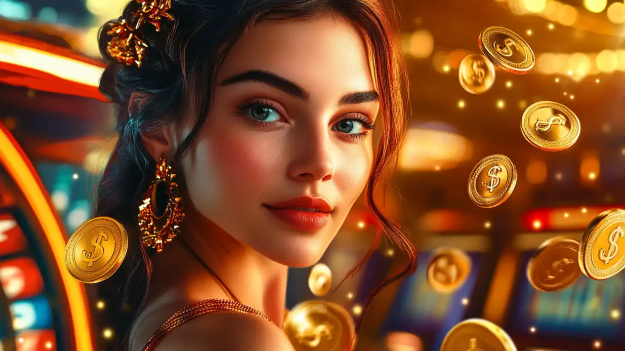 Stunning woman with updo hairstyle and ornate golden earrings in casino setting with floating dollar coins
