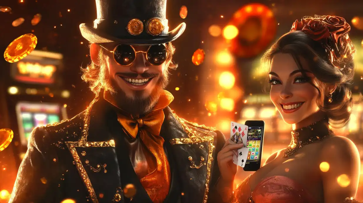 Elegant vintage-style couple in formal attire with top hat and evening dress holding playing cards and mobile casino