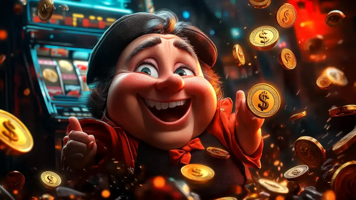 Excited cartoon character in black cap and red shirt celebrating with flying golden dollar coins in casino