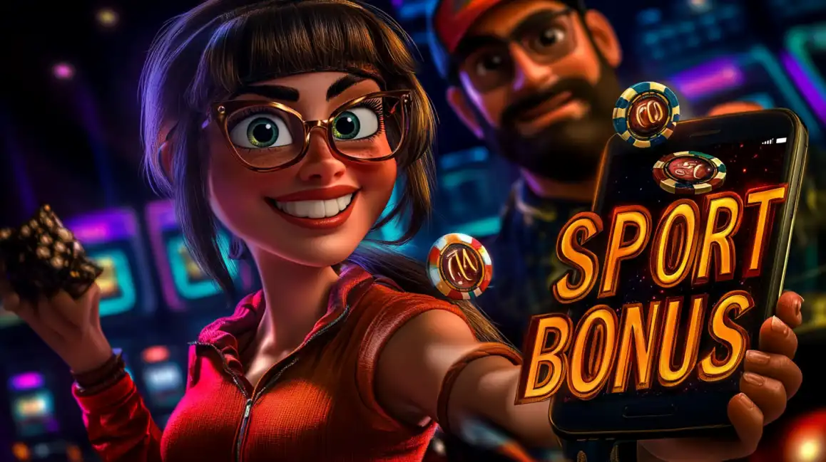 Happy woman with glasses holding smartphone displaying Sport Bonus app with bearded man in background
