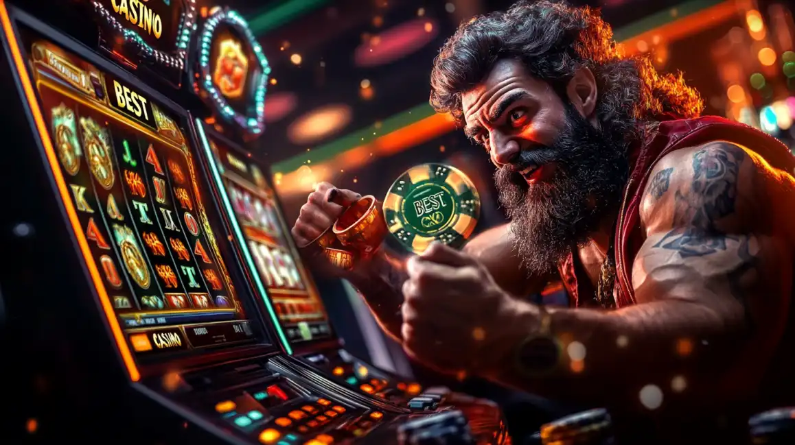 Strong warrior woman with horned helmet and sword in fantasy slot game with warrior character