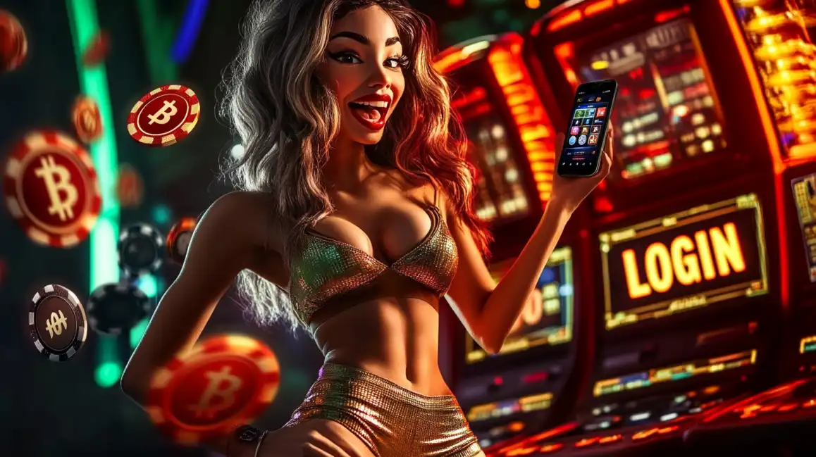 Happy brunette woman in shimmery top holding smartphone near casino LOGIN screen with floating poker chips