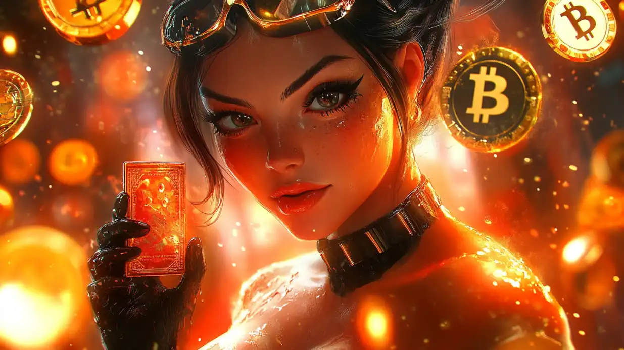 Beautiful woman wearing steampunk goggles holding ornate red card surrounded by floating Bitcoin coins in golden lighting