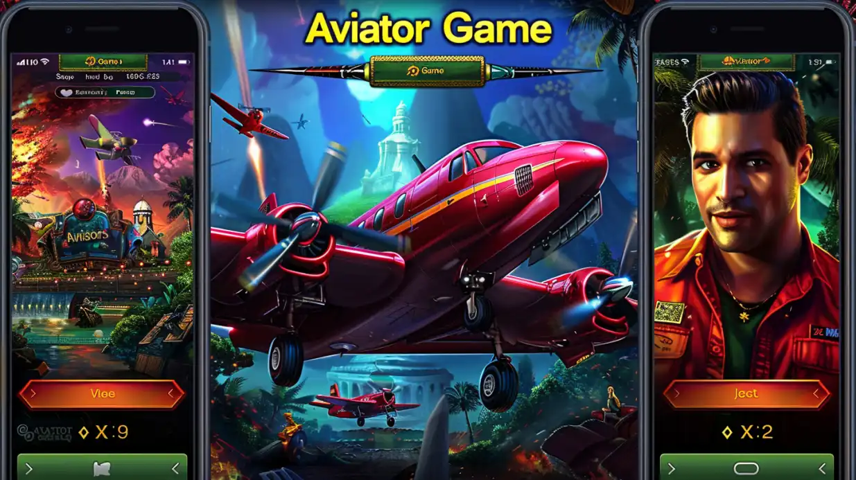 Three smartphone screens displaying Aviator Game with red vintage aircraft and multiplier interface
