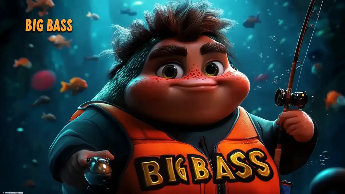 Big Bass fishing game character underwater with fishing rod surrounded by colorful fish in aquatic setting