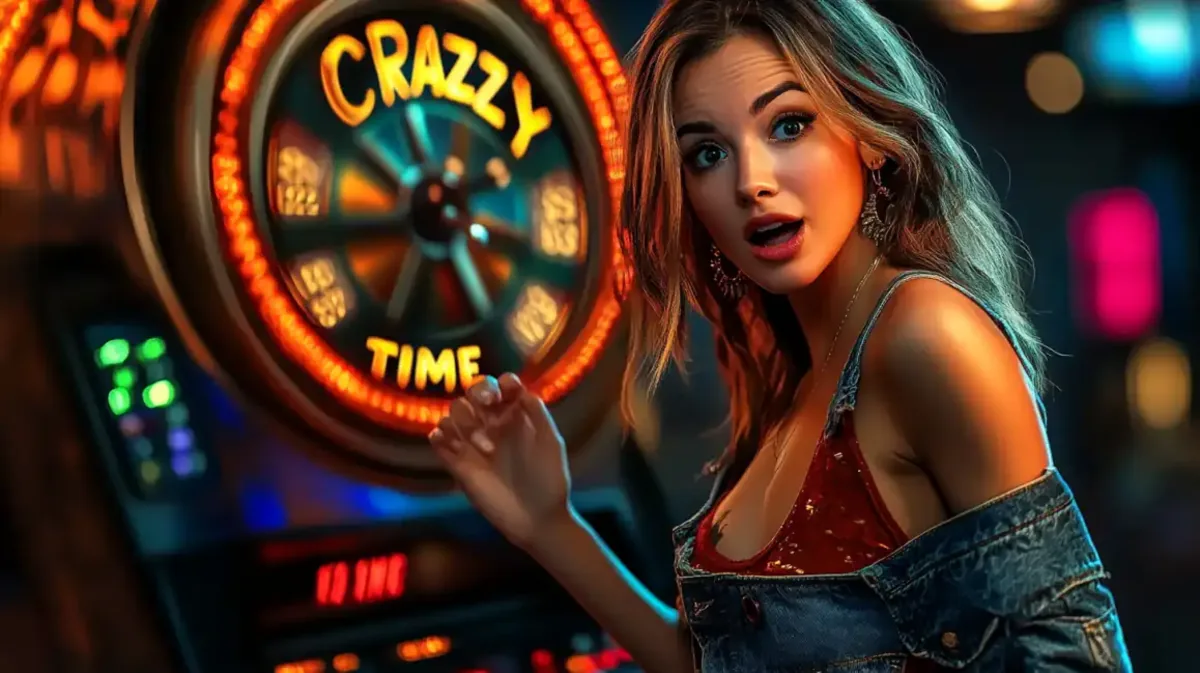 Shocked blonde woman in denim jacket pointing at large Crazy Time casino wheel with colorful lighting