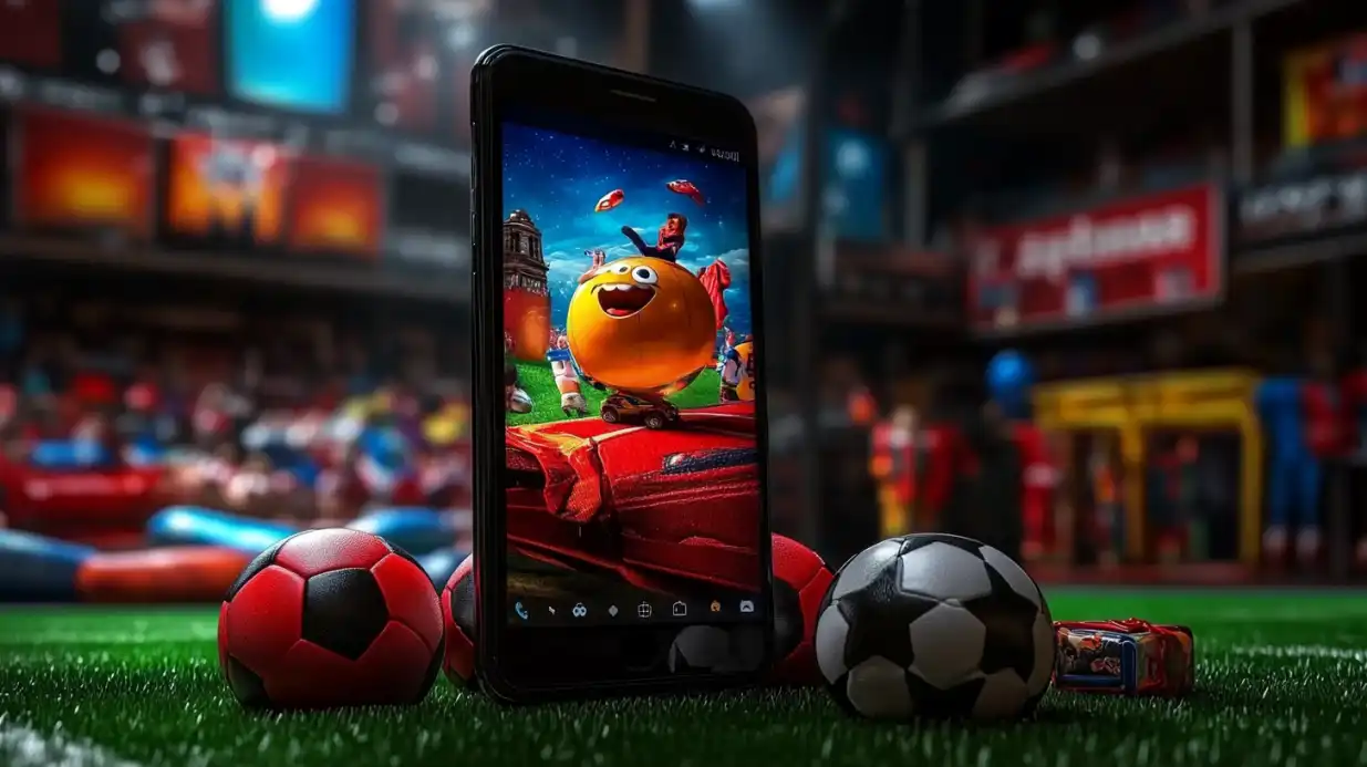 Smartphone displaying cartoon sports betting game with cheerful character on football field surrounded by soccer balls