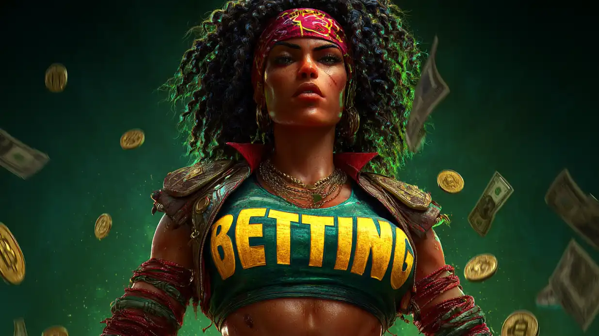 Fierce pirate woman with red bandana wearing BETTING shirt surrounded by floating golden coins and dollar bills