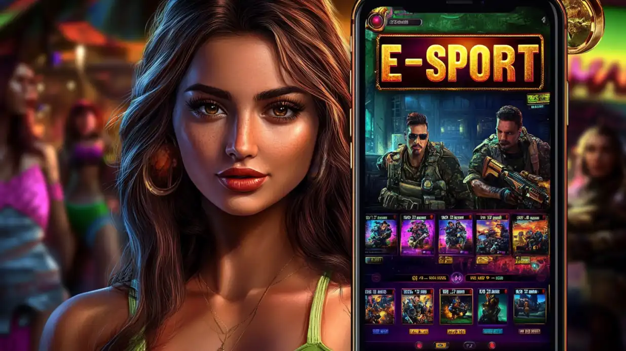 Beautiful brunette woman next to smartphone showing E-Sport betting interface with military game characters