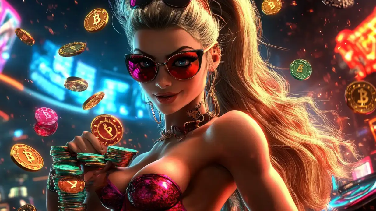 Stylish blonde woman with ponytail wearing red sunglasses holding poker chips with floating Bitcoin coins in casino environment