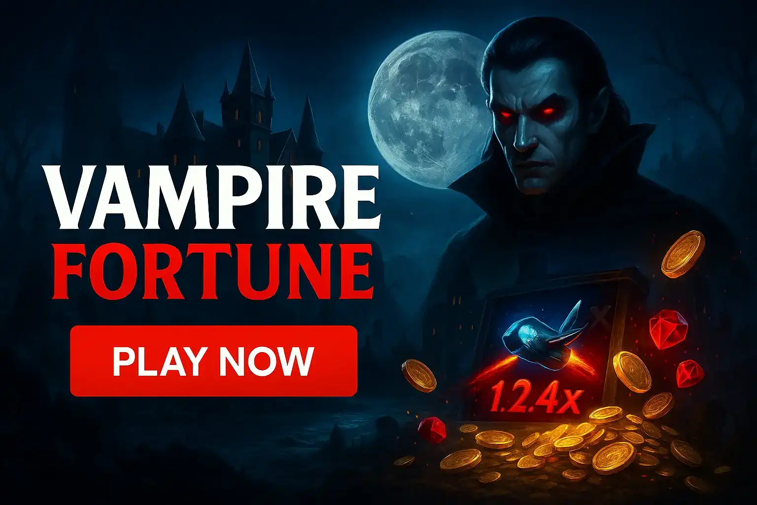 A gothic-themed promotional banner for Vampire Fortune. A powerful vampire with glowing red eyes overlooks a pile of gold coins under a full moon. Click Play Now for immortal riches.