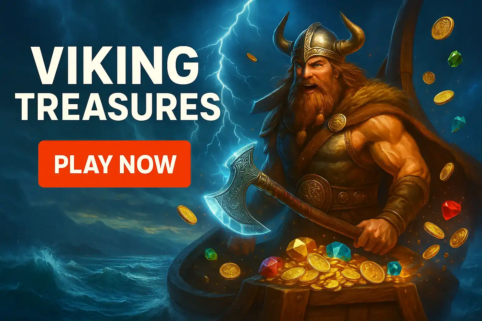 Epic promo for the Viking Treasures slot. A mighty Viking warrior with a glowing axe stands on a ship in a stormy sea, ready to claim a massive pile of gold. Click Play Now to join the raid.
